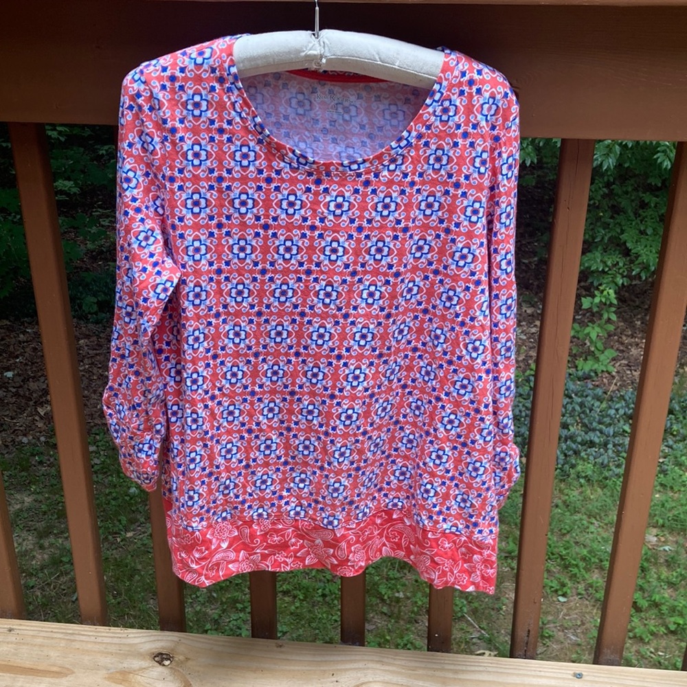 Kim Rogers orange and blue cotton shirt